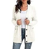 GRECERELLE Women's Long Sleeve Loose Knit Cable Open Front Button Down Cardigan Sweater Outerwear Coat with Pockets