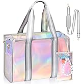 Beach Bag 26L Large Iridescent Waterproof Beach Tote Bag for Women with Zipper & Phone Pouch Sand/Tip-Proof Crossbody