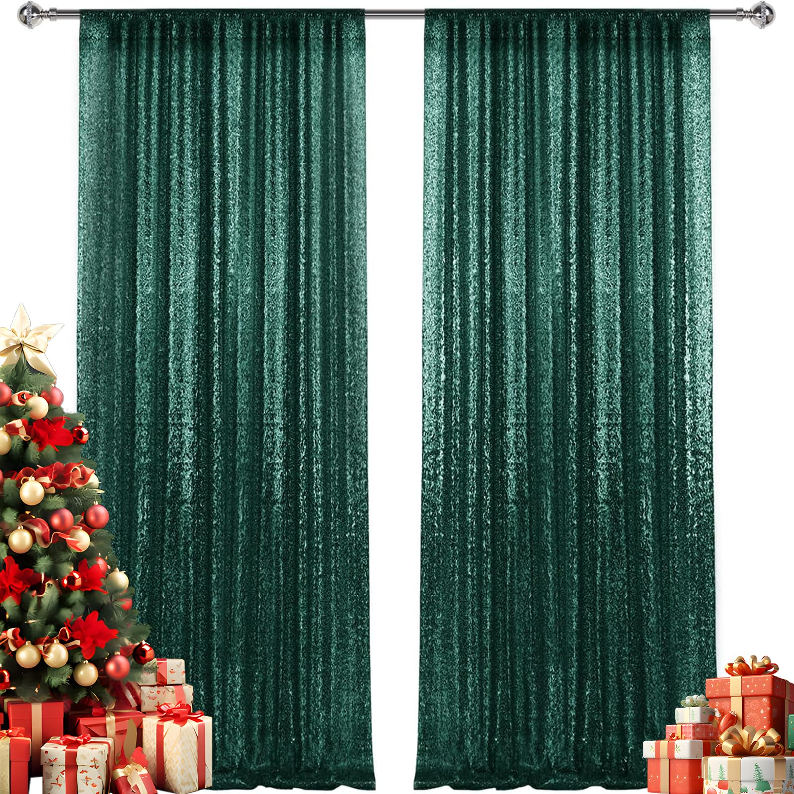 Photo 1 of 2×8FT-2PCS Hunter Green Sequin Backdrop Curtains Panels, Christmas Green Photography Backdrop Glitter Curtains Fabric Background for Christmas Wedding Party Decor