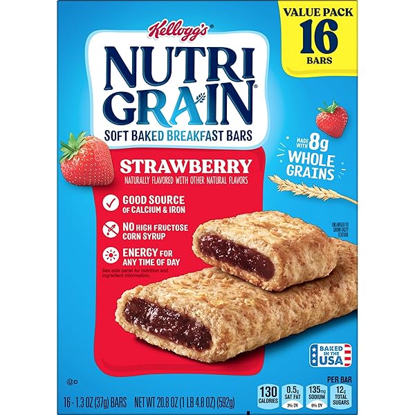 NUTRI-GRAIN BREAKFAST BARS, MADE WITH 10G WHOLE GRAINS, SNACK BARS, STRAWBERRY, 20.8OZ BOX (16 BARS)