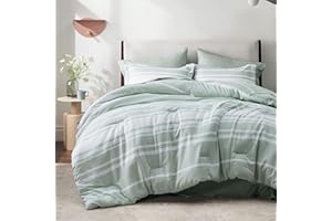 Bedsure Bed in a Bag Queen Size 7 Pieces, Sage Green White Striped Bedding Comforter Sets All Season Bed Set, 2 Pillow Shams,