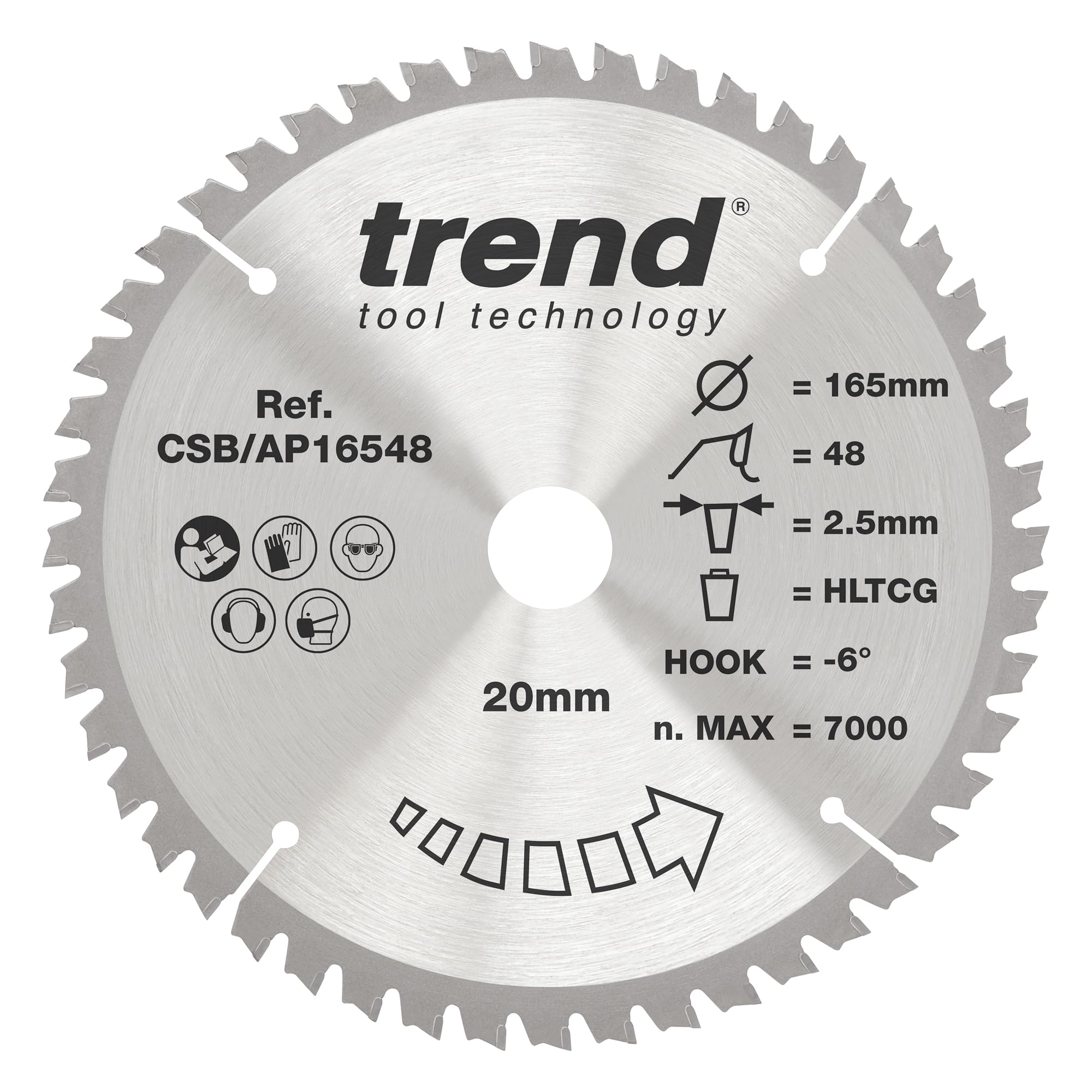 Trend Aluminium & Plastic Circular Saw Blade, 165mm Diameter, 20mm Bore, 48 Teeth, 2.5mm Kerf, -6° Hook, TCT, Extra-Fine Finish, CSB/AP16548
