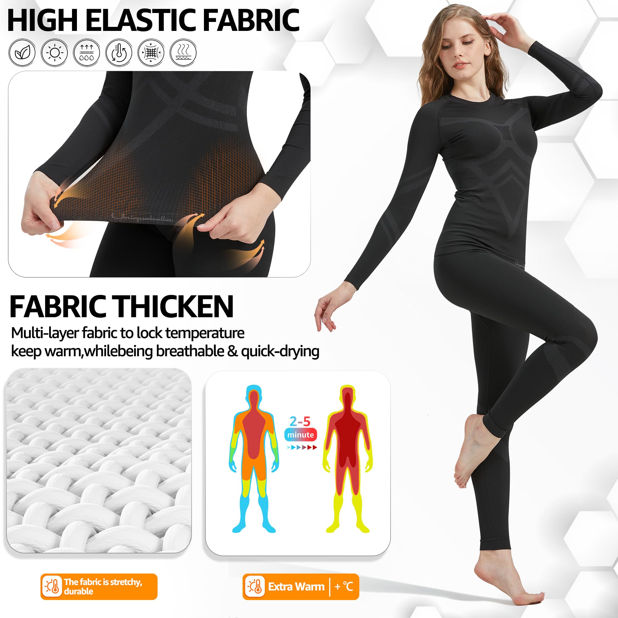 UNIQUEBELLA Thermal Underwear Womens, Quick Dry Winter Ladies Thermal Underwear Ski Thermal Underwear Set Functional Underwear for Skiing Sport Yoga