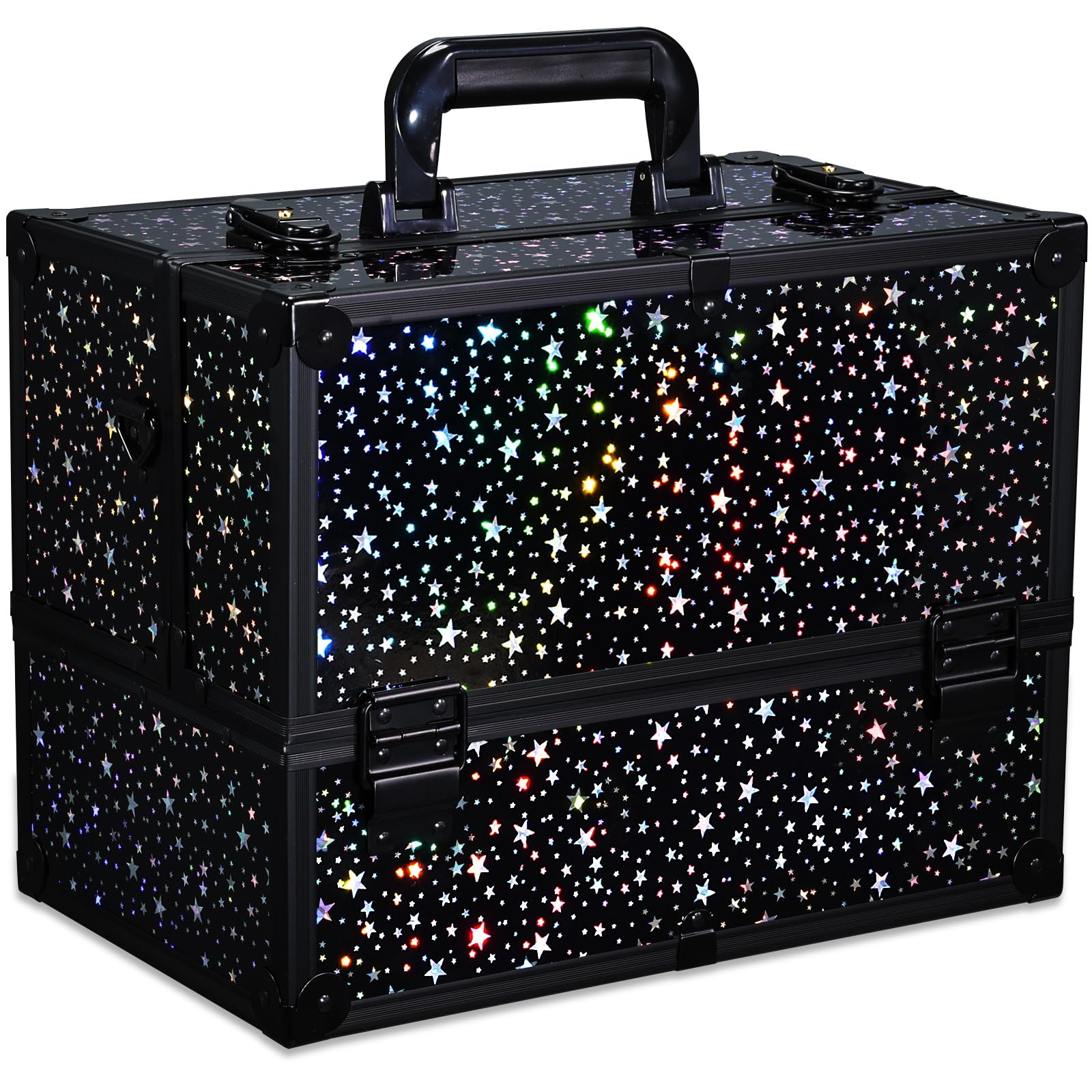Joligrace Makeup Case Make up Box Large Vanity Case Extra Large Makeup Box Organiser Box Lockable with Shoulder Strap and Keys (Black Star)