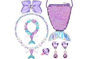 MTLEE 6 Pieces Mermaid Necklace Bracelet Set, Mermaid for Girls Including Fake Pearl Necklace Bracelet Purse Ring Bow Hair Clip Earrings Ring Pretend Play Christmas Mermaid Party Decorations