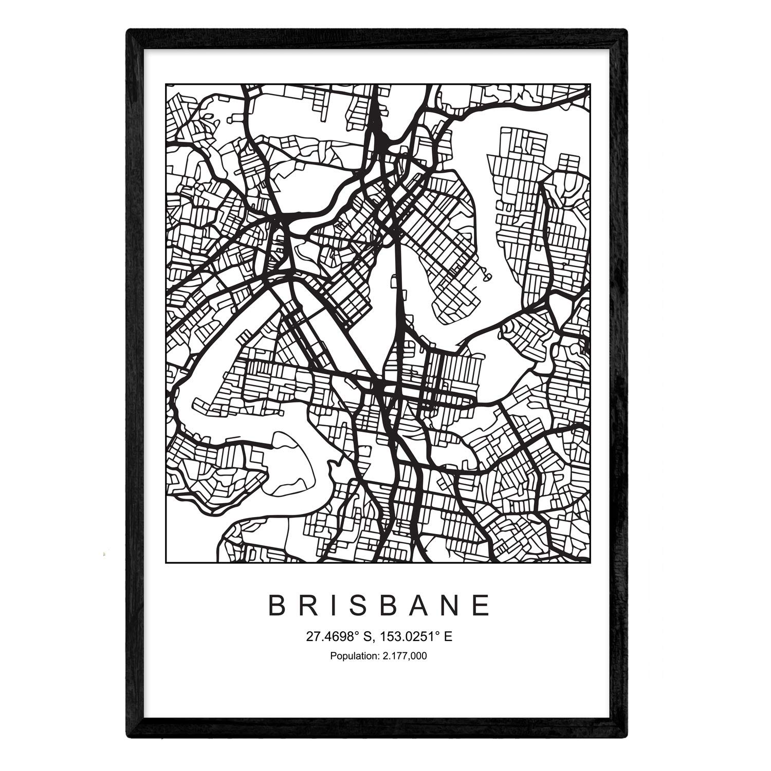 Sheet Brisbane city map Nordic style black and white. A3 size poster Printed paper No 250 gr. Paintings, prints and posters for living room and bedroom