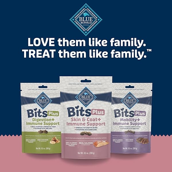 BLUE BUFFALO BLUE BITS PLUS SKIN & COAT AND IMMUNE SUPPORT DAILY BENEFIT DOG TREATS, SOFT & CHEWY SALMON MORSELS, 9.5-OZ. BAG