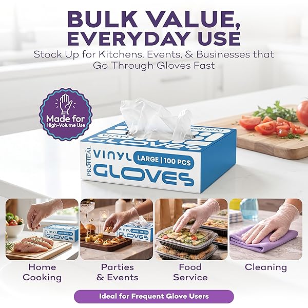 PROHEAL VINYL DISPOSABLE GLOVES LARGE – 1000 COUNT CASE CLEAR FOOD SAFE COOKING AND HOUSEHOLD CLEANING GLOVES – POWDER FREE AND LATEX FREE KITCHEN GLOVE FOR MEAL PREP AND FOOD SERVICE