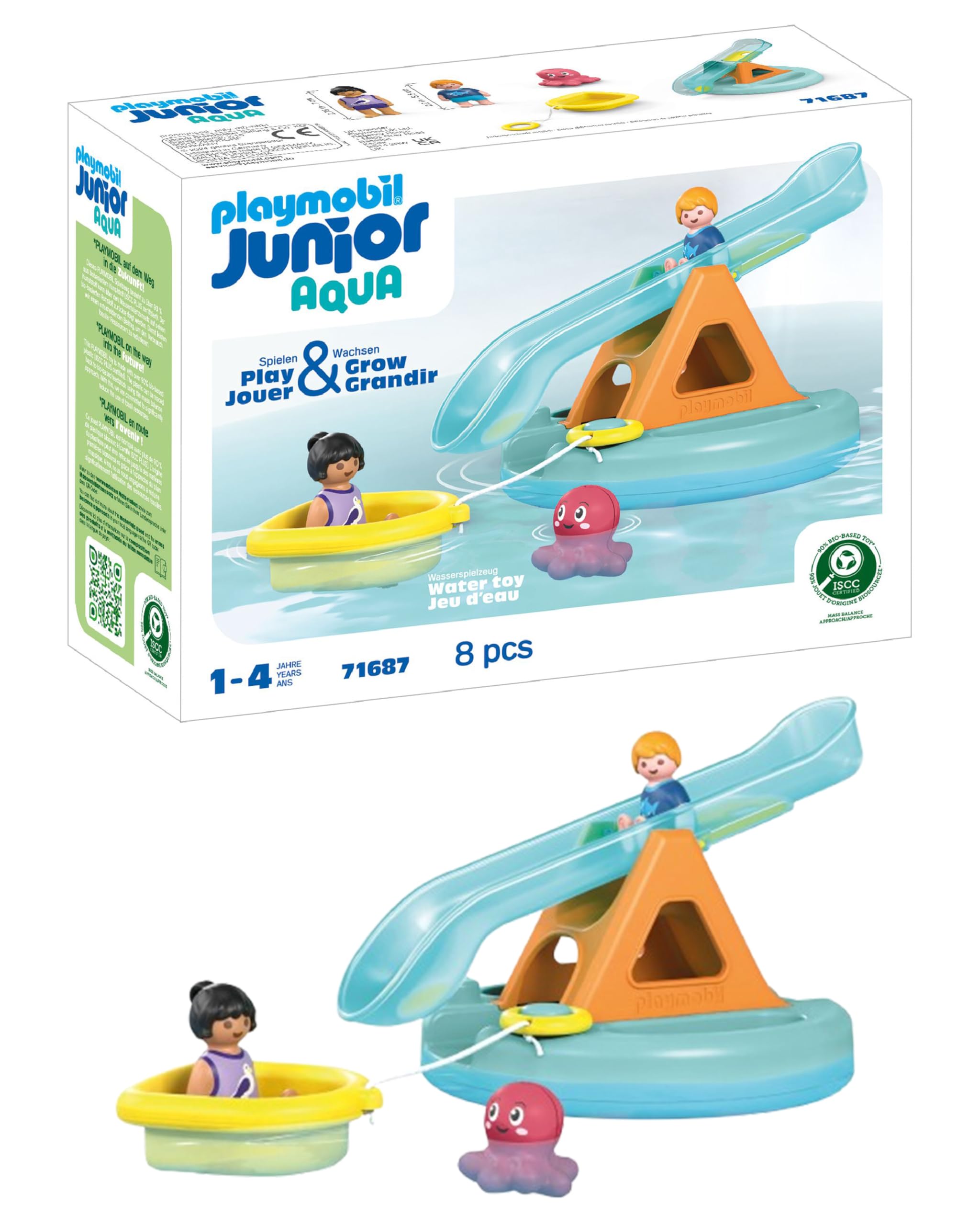Playmobil 71687 JUNIOR AQUA: Water Seesaw with Boat, including dock and hideaway for animals, sustainable toy made from plant-based plastics, gifting toy, play sets suitable for children ages 1+