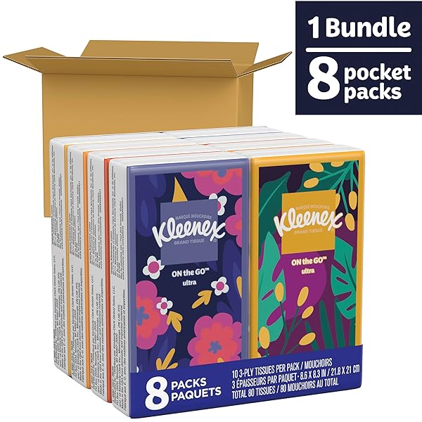 KLEENEX ON-THE-GO FACIAL TISSUES, 8 ON-THE-GO PACKS, 10 TISSUES PER BOX, 3-PLY (80 TOTAL TISSUES), PACKAGING MAY VARY