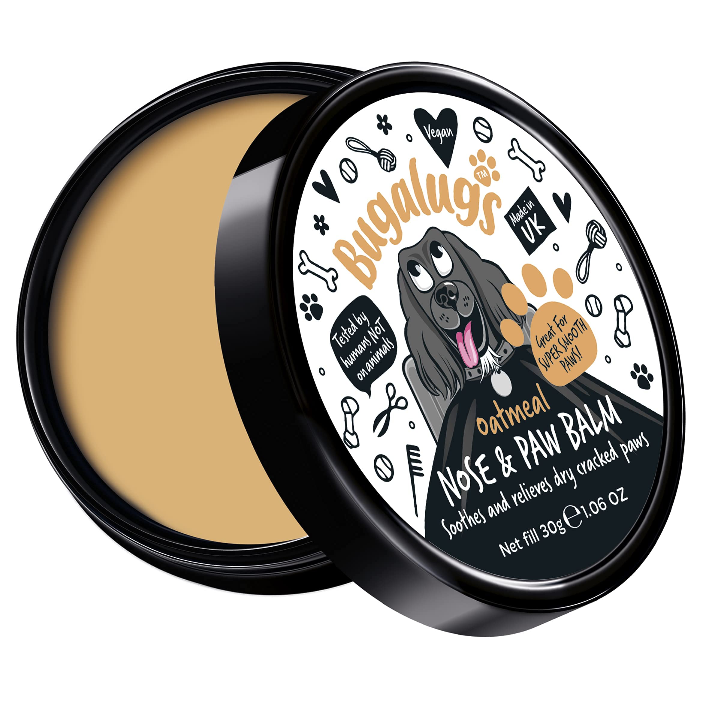 BUGALUGS Dog nose balm 30g, Natural lick safe Paw balm for dogs contains Oatmeal, Dog paw cream Vegan formula nose balm for dogs reduces skin irritation and redness.