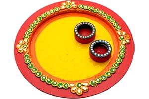 Aditri Creation Yellow Pooja Thali Plate Platter Decorative Wooden Puja Thali with Essential Pooja Articles for Aarti Pooja Rituals Festival Decorations & Home Decor Gifting (Size:- 8")