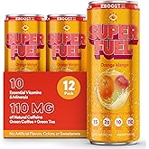 EBOOST SUPER FUEL Healthy Energy Drink - Orange Mango: 12 Healthy Energy Drinks - Focus & Productivity - 110 mg Caffeine + Nootropics, & Electrolytes - No Sucralose, Taurine, Artificial Flavors