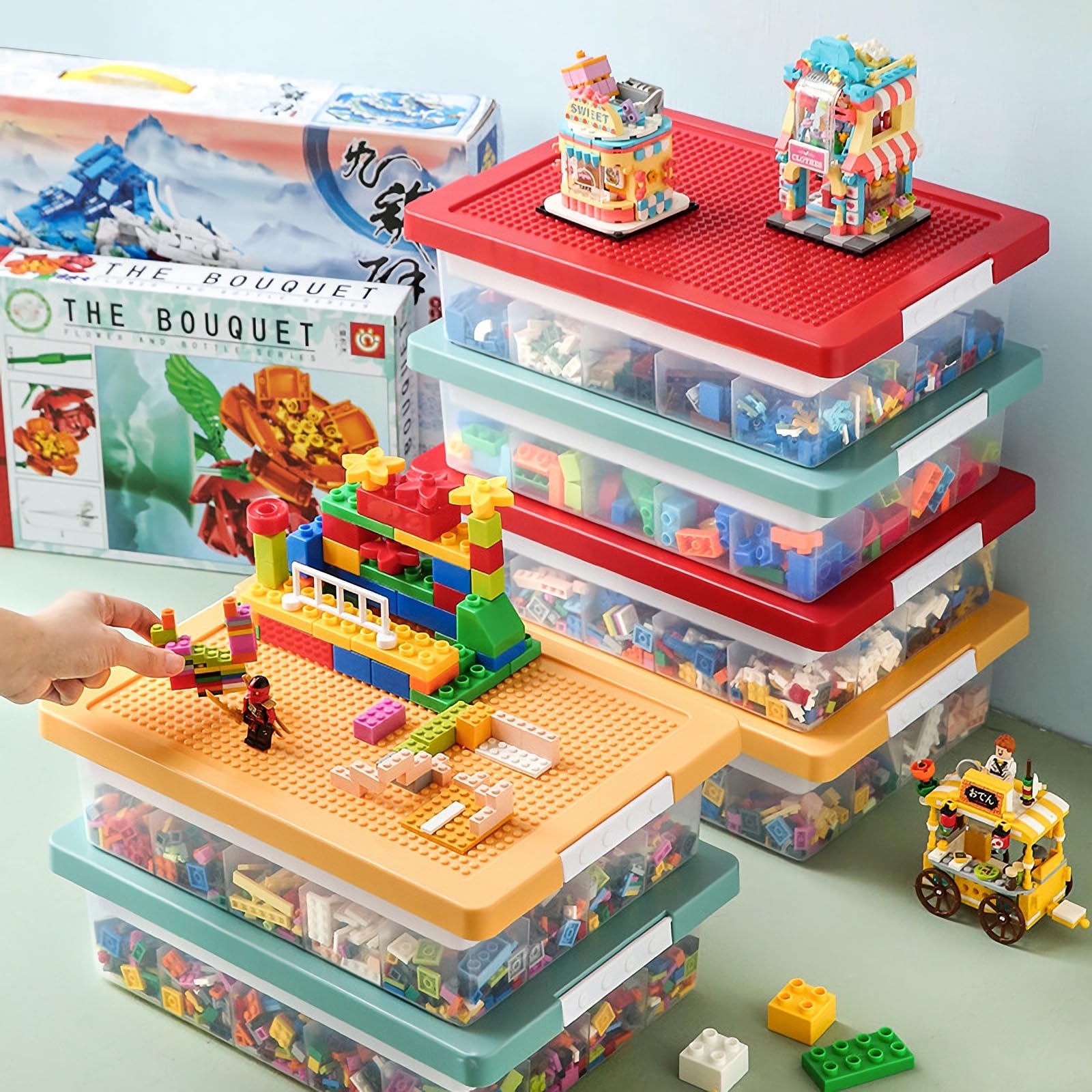 Photo 1 of Toys Storage Organizer Box for Lego, Toy Storage Box with Building Plate Lid and Removable Tray, Building Block Storage, Stackable Plastic Organizer Bins(Red)