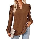 ZILIN Womens Tops Dressy Casual Puff Long Sleeve V Neck Work Shirt Eyelet Loose Tunic Blouse