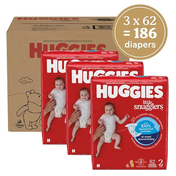 HUGGIES SIZE 2 DIAPERS, LITTLE SNUGGLERS BABY DIAPERS, SIZE 2 (12-18 LBS), 186 COUNT (3 PACKS OF 62), PACKAGING MAY VARY
