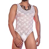 YOOBNG Men's Shapewear Sheer Lace Bodysuit Tops See-Through Floral Sissy Lingerie Underwear Nightwear