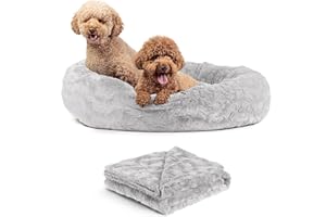 Best Friends by Sheri Bundle Set The Original Calming Lux Donut Cuddler Cat and Dog Bed + Pet Throw Blanket Gray Large 36"