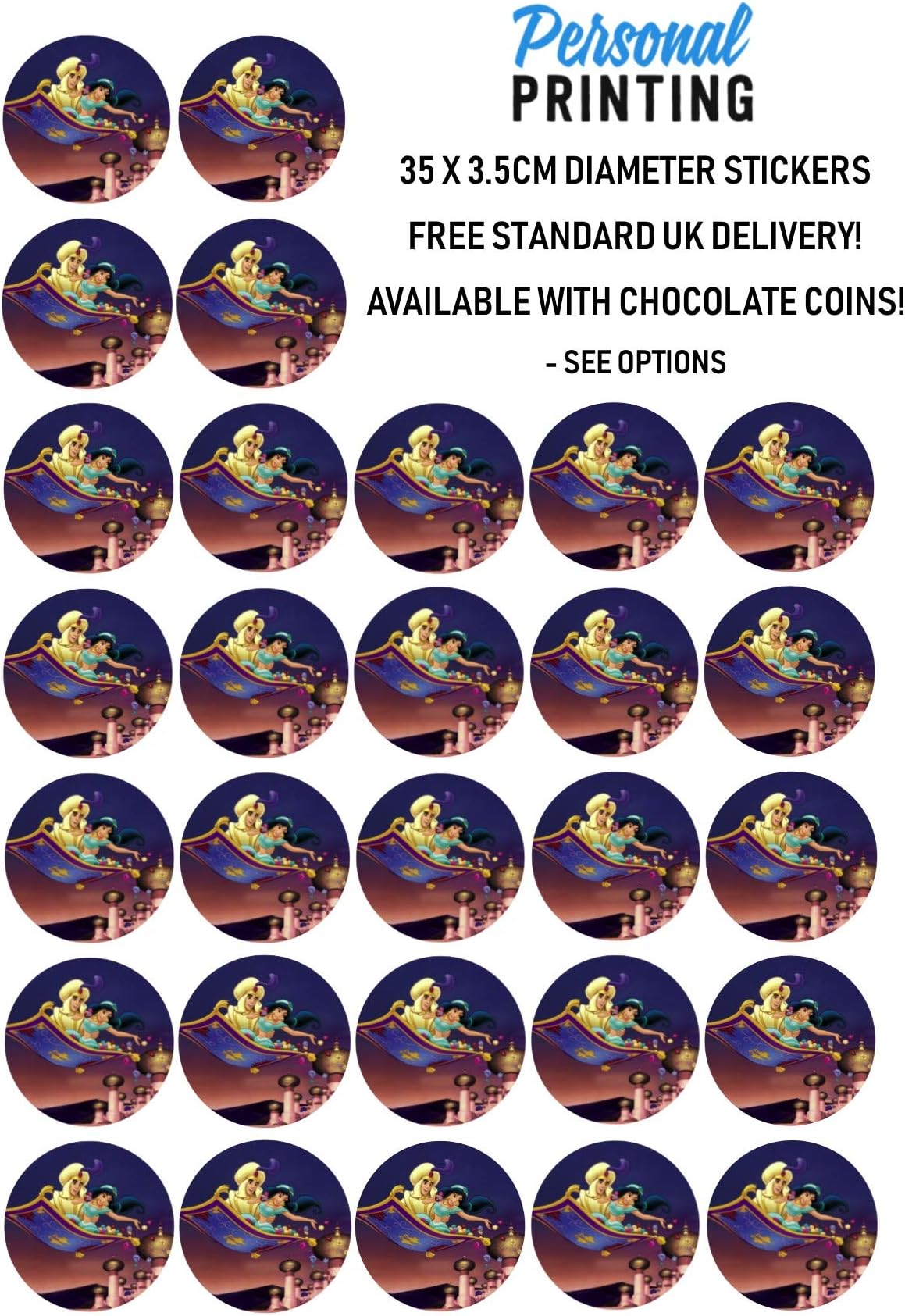 PP - Jasmine Aladdin Magic Carpet Ride Stickers 35 x 35mm Stickers Sheet Birthday Gift Event Fun Novelty Party Bags Stocking Fillers