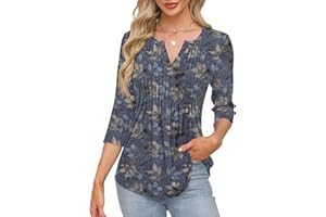 FreshNight LUYAA 3/4 Length Sleeve Womens Tops V Neck Tunic Tops Dressy Casual Pleated Shirts Fashion Tops for Women Trendy