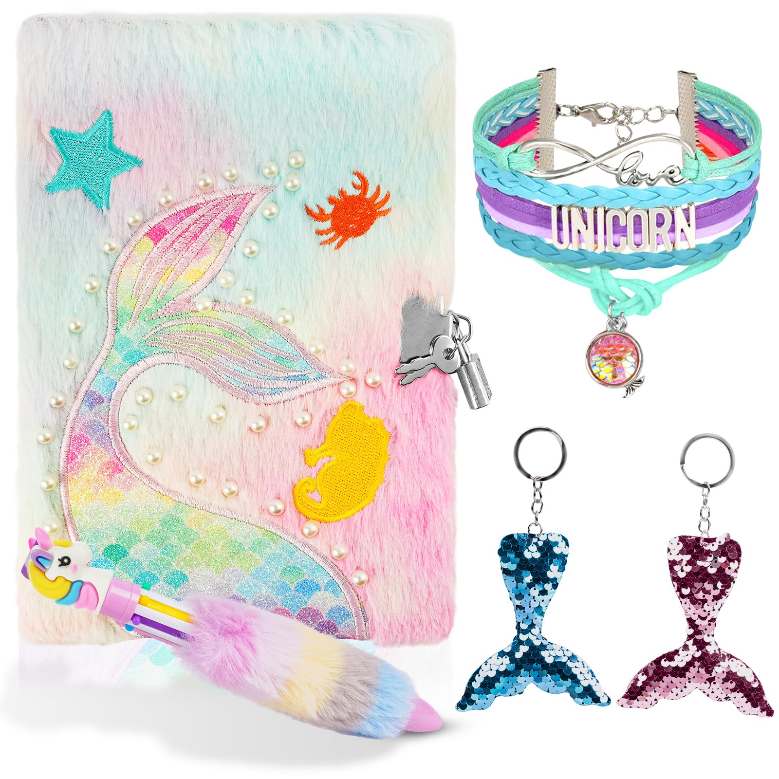 OFFCUP Plush Secret Diary, Plush Unicorn Notebook, Plush Girl Notebook Alpaca Plush Notebook Unicorn Journal Plush Mermaid Notebook With with 10 Tattoo Stickers and 4 Gel Pens (Mermaid Lock)