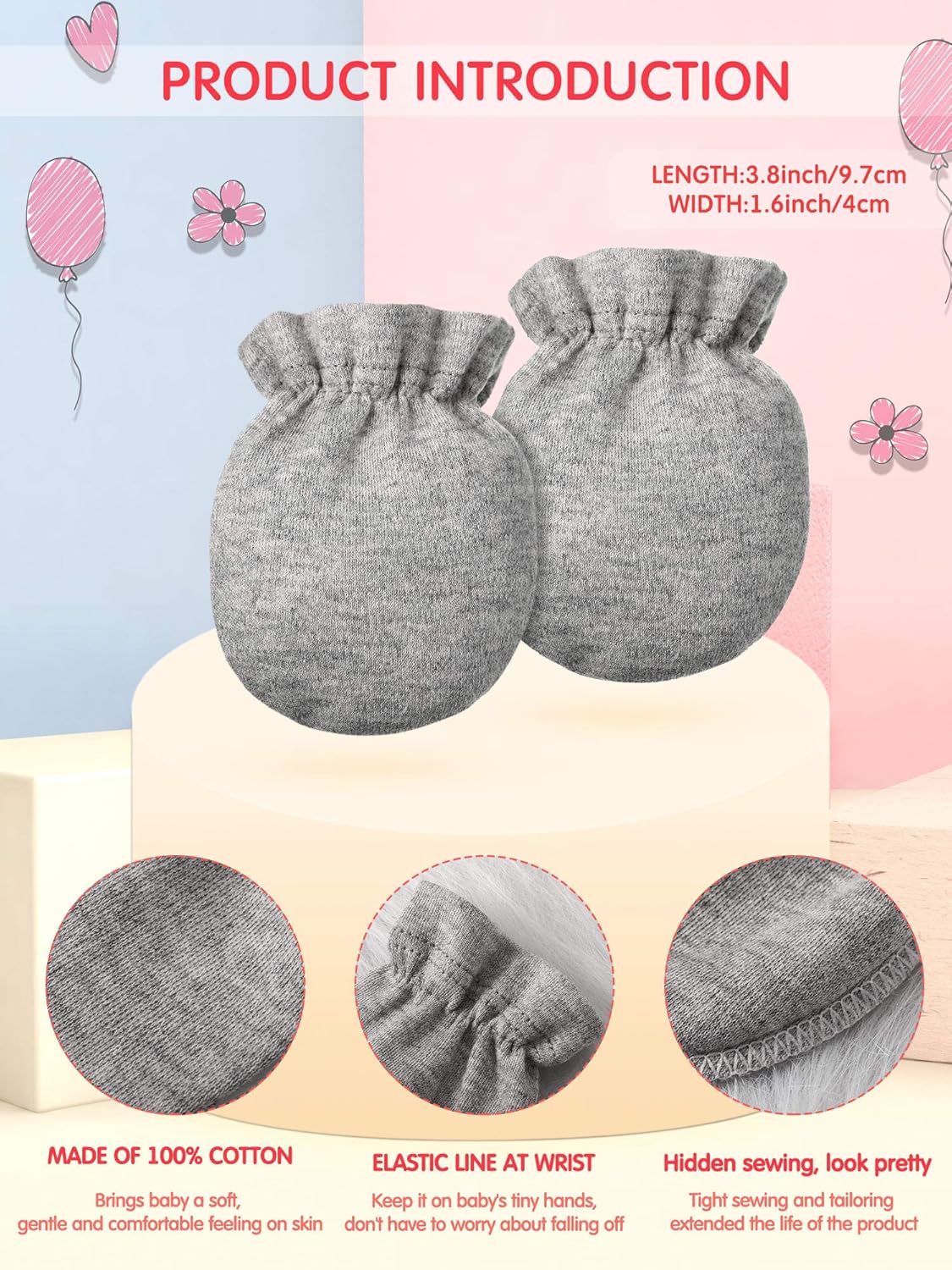 6 Pairs Newborn Baby No Scratch Cotton Gloves Mittens for 0-6 Months (White, Gray, Pink): Clothing