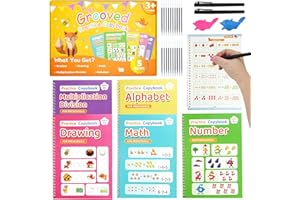 Elover Grooved Handwriting Practice Books Reusable Magic Copybook with Pens & Pencil Grips Letter Tracing Books for Kids Age 