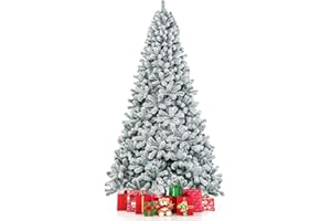 COSTWAY 9 FT Snow Flocked Christmas Tree, Artificial Holiday Hinged Pine Tree with 1498 Branch Tips, Solid Metal Stand, Premium Xmas Full Fake Tree for Home, Office, Party Decoration
