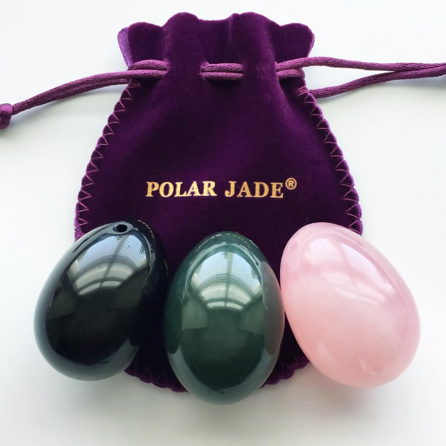 Yoni Eggs 3-pcs Set Made of 3 Gemstones: Nephrite Jade, Rose Quartz & Obsidian, All Medium Size and Drilled - Image 5
