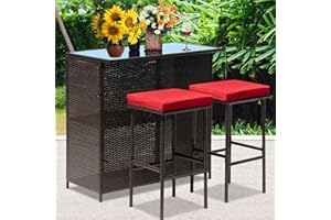 BLKMTY Patio Bar Set 3-Piece Wicker Patio Table Set Outdoor Bar Set 2 Stools and 1 Glass Top Table Patio Rattan Bar Table Set Outdoor Bistro Set Patio Furniture Set for Deck, Backyard, Red
