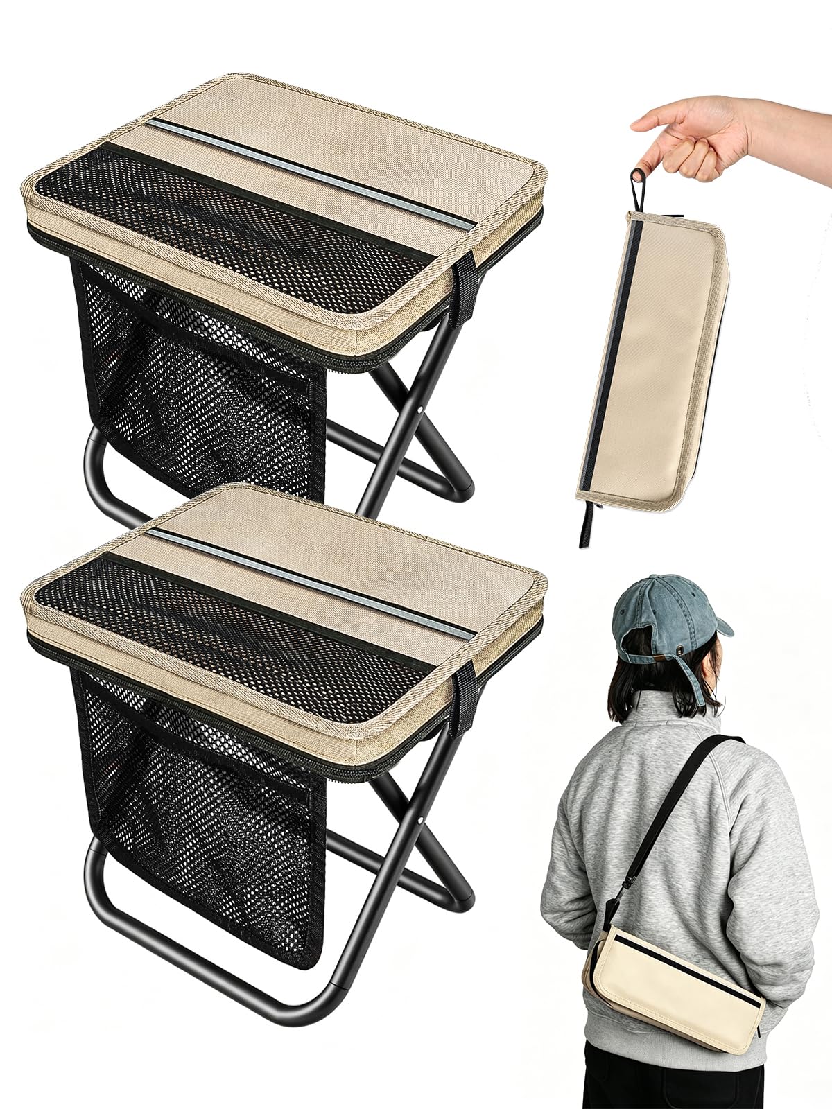 折りたたみ椅子 軽量【安定×コンパクト】コンパクトチェア 収納袋一体型 ショルダー付き 持ち運び便利 小型 携帯椅子 小物入れ キャンプ 観戦用 屋外フェス 釣り アウトドア 日本語取扱説明書付き 2個セット