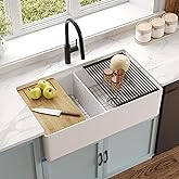 DeerValley Double Bowl Workstation Kitchen Sink 36 inch, Reversible Fireclay Deep Farmhouse Apron Front Kitchen Sinks, White 