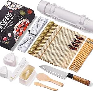 ISSEVE Sushi Making Kit Plus,All In One Sushi Bazooka Maker with Sushi Mold, Bamboo Mat, Bamboo Chopsticks, Paddle, Spreader, Sushi Knife,Nigiri Mold,Onigiri Mold,Musubi mold,DIY Sushi Roller Machine