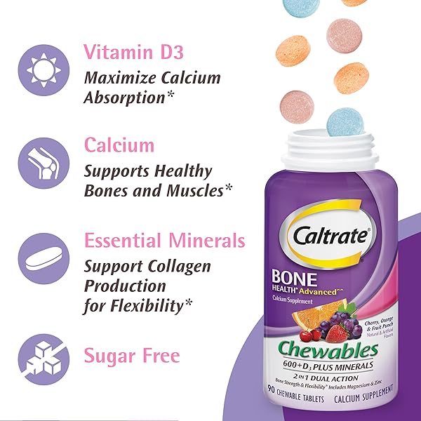 CALTRATE CHEWABLES 600 +D3 PLUS MINERALS CALCIUM AND VITAMIN D, SUGAR FREE, CHERRY, ORANGE AND FRUIT PUNCH, 155 COUNT