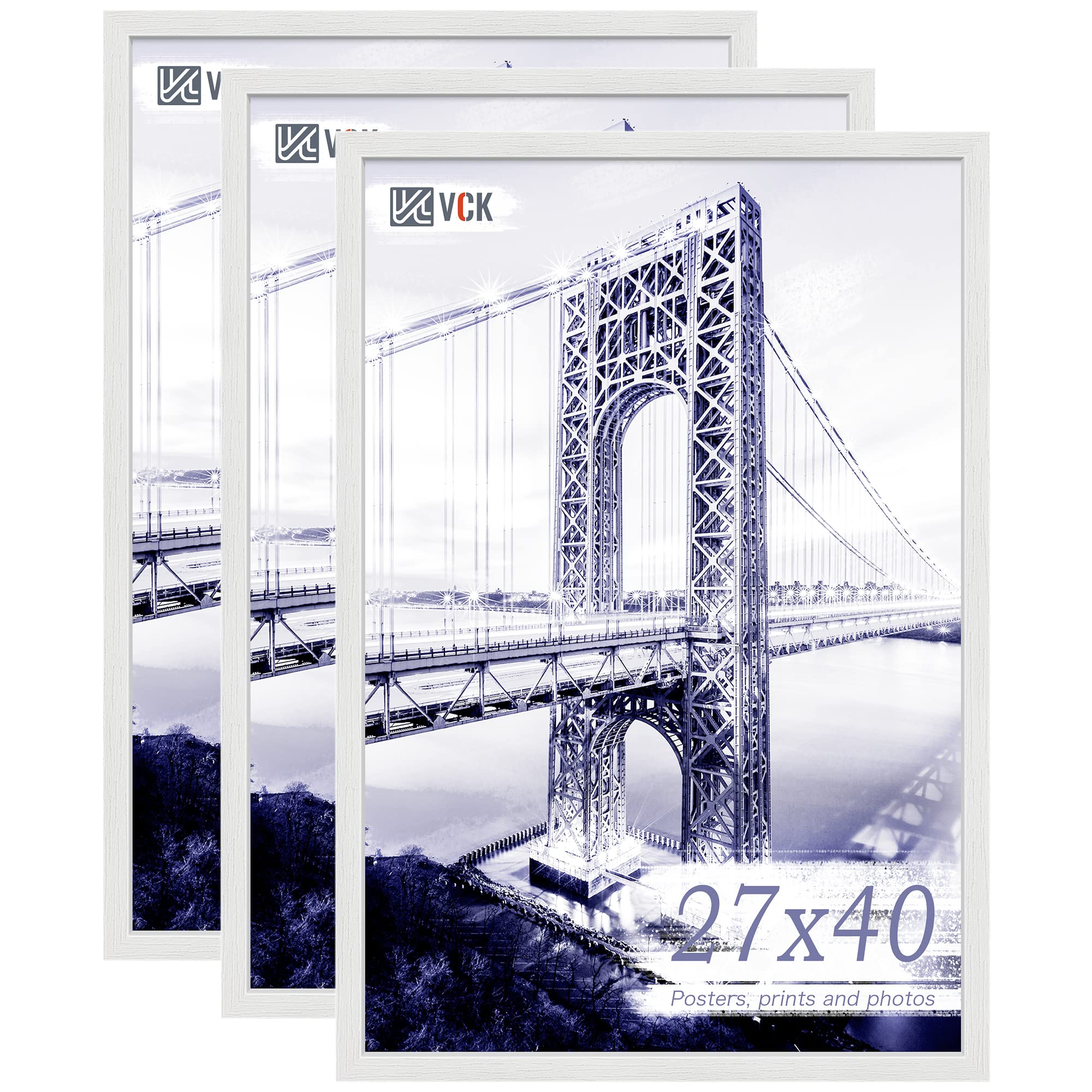 VCK 27x40 Solid Wood Poster Frames Set of 3, Exclusive Woodgrain White Picture Frame, Wall Mounting Hanging Image