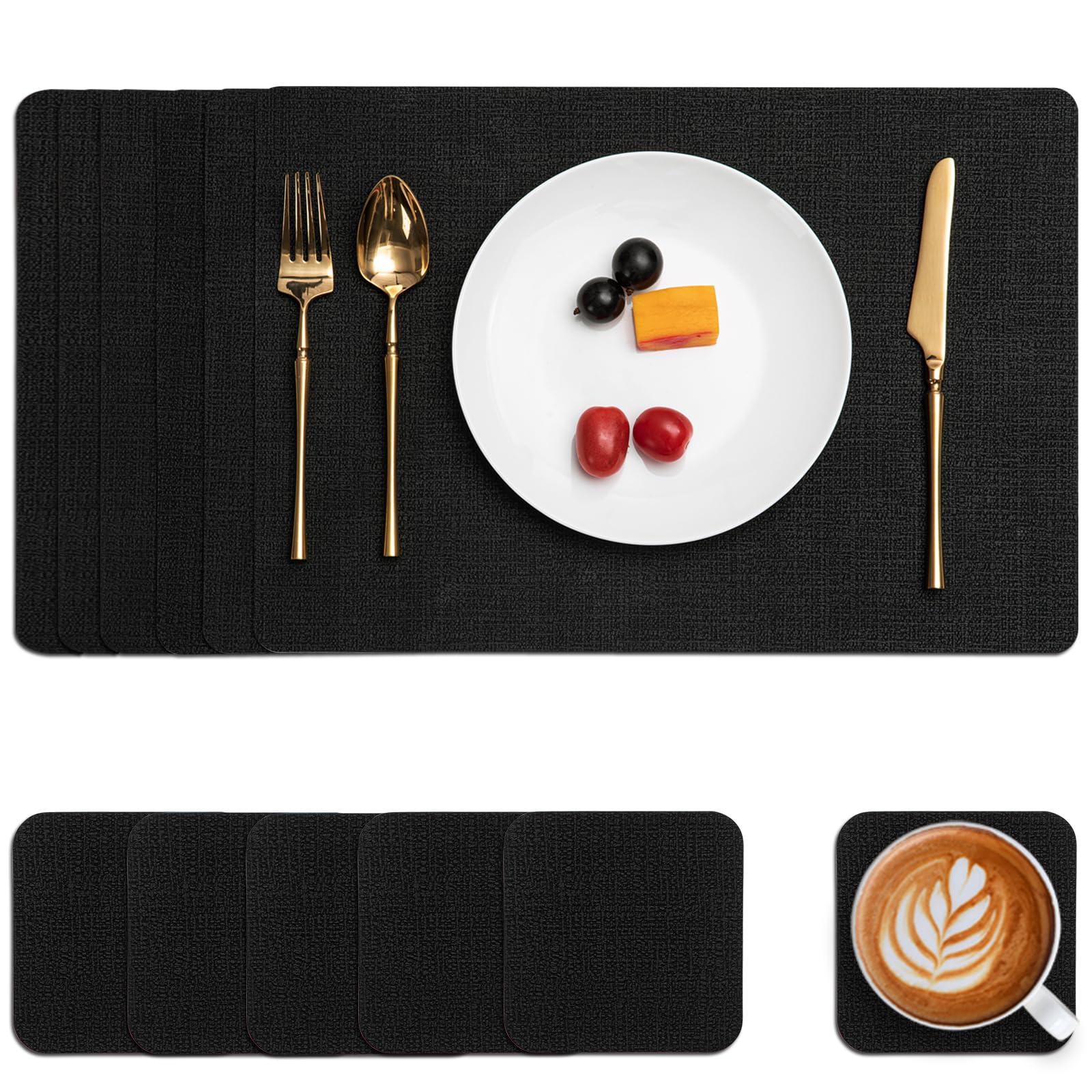 Myir JUN Placemats and Coasters Set of 6, Place Mats Dual Sided Faux Leather Table Mats PU Indoor Outdoor Heat Resistant Placemat Square Non Slip Wipeable Washable Dining Restaurant — image 1