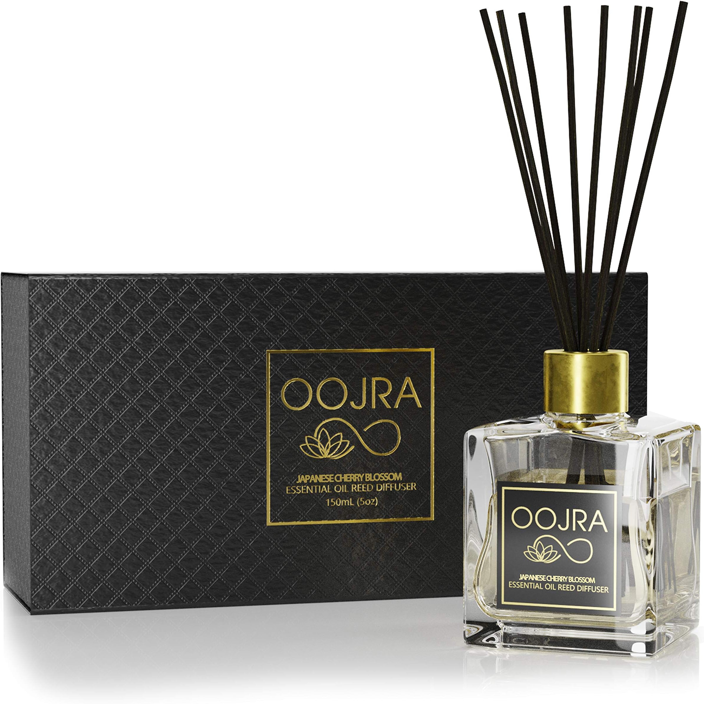 OOJRA Japanese Cherry Blossom Essential Oil Reed Diffuser Gift Set, Glass Bottle, Reed Sticks, Natural Scented Long Lasting Fragrance Oil (3+ Months 5 oz) for Aromatherapy and Air Freshener
