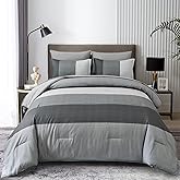 Anibedding Grey Queen Comforter Set 7 Pieces, Ombre Striped Bed in a Bag Queen with Sheet Sheet, All Season Boho Patchwork Down Alternative Comforter Bedding Set