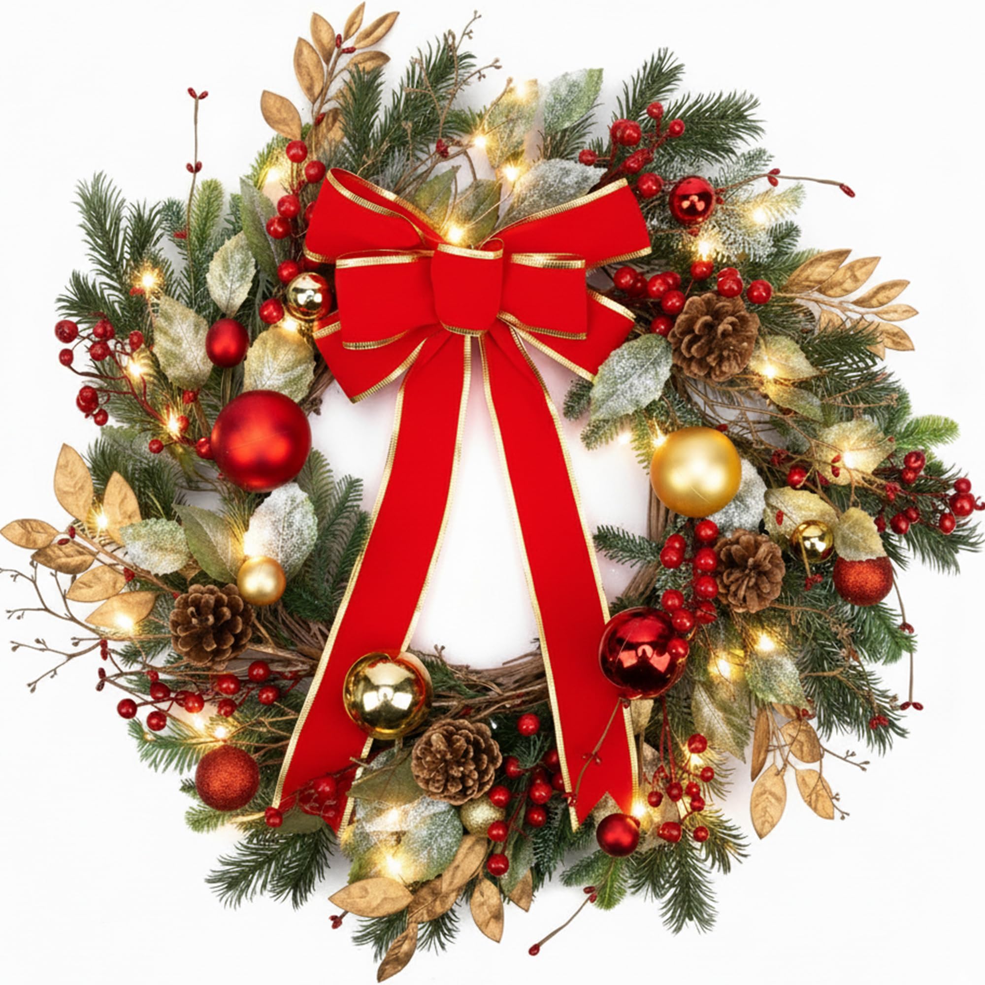 Photo 1 of 24 Inch Christmas Wreath for Front Door with Lights Winter Wreath Red Bow Pine Needles Pine Cones Christmas Ball Decorations for Indoor Outdoor Xmas Decor