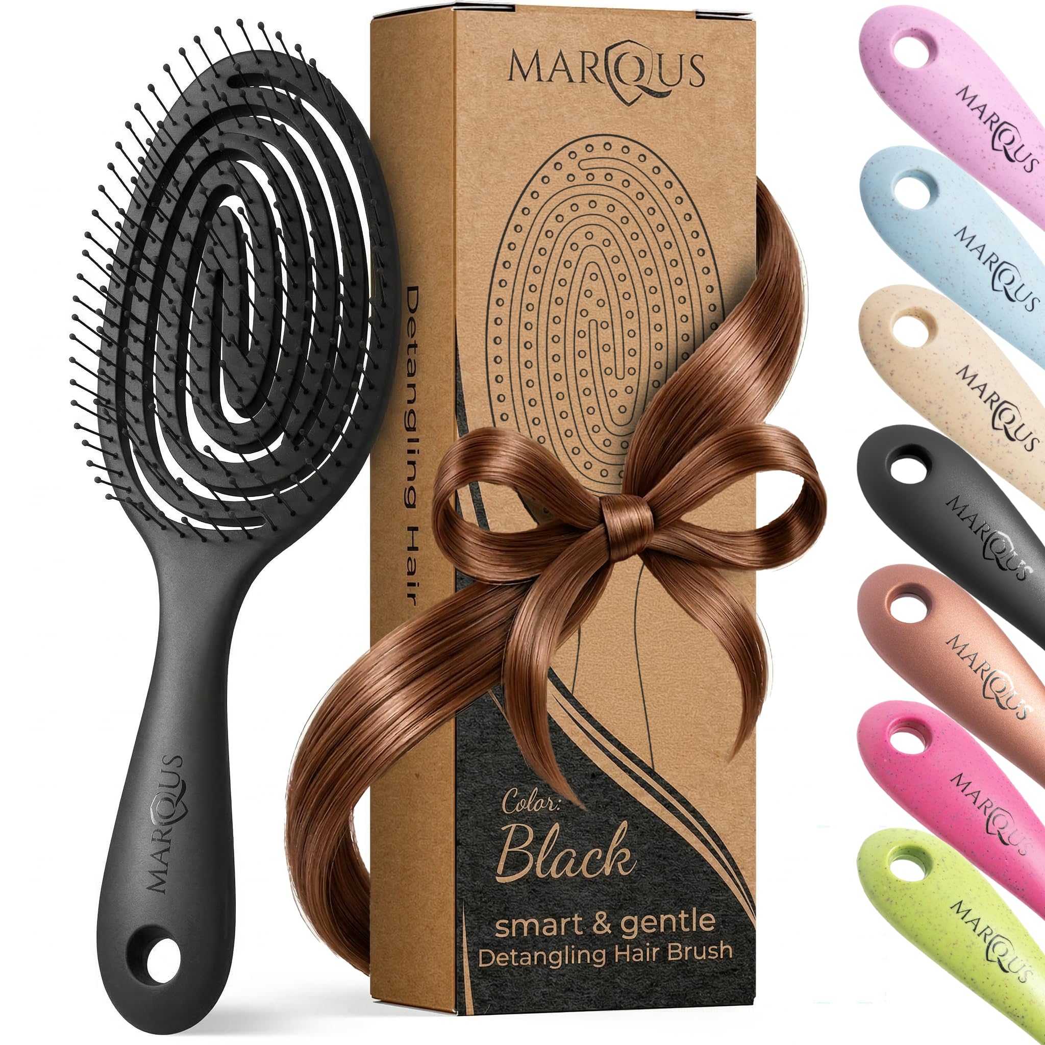 marQus Detangling Hair Brush for Women and Men - With Ultra-Soft, Flexible Bristles and Body - Glides Through Tangles with Ease - Suitable for All Hairtypes - Wet or Dry, Black