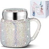 Meanplan Bling Rhinestone Coffee Mug for Christmas Gift Bling Water Bottle Rhinestone Ceramic Portable Travel Cup Crystal Coffee Cup with Lid and Handle for Women Office Home 13.5 oz (AB Color)