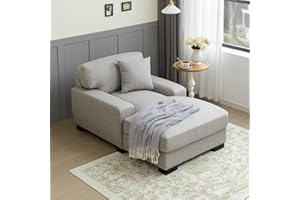 EXZLFA Oversized Chaise Lounger,Comfort Indoor Sleeper Sofa with Pillow and Soild Wood Legs, Thick Padded Upholstered Couch Reclining for Bedroom Apartment Living Room (Linen Gray)