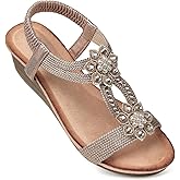 SHIBEVER Womens Wedge Sandals Flower Low Heel Dressy Sandals Elastic Ankle Strap Rhinestone Summer Comfortable Shoes