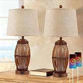 YIMNOVP 27&rdquo; Vintage Bamboo Woven Table Lamps Set of 2, Farmhouse Rattan Bedside Lamps for Bedroom Livingroom Office Study with Nightlight and USB A+C, Bulbs Included