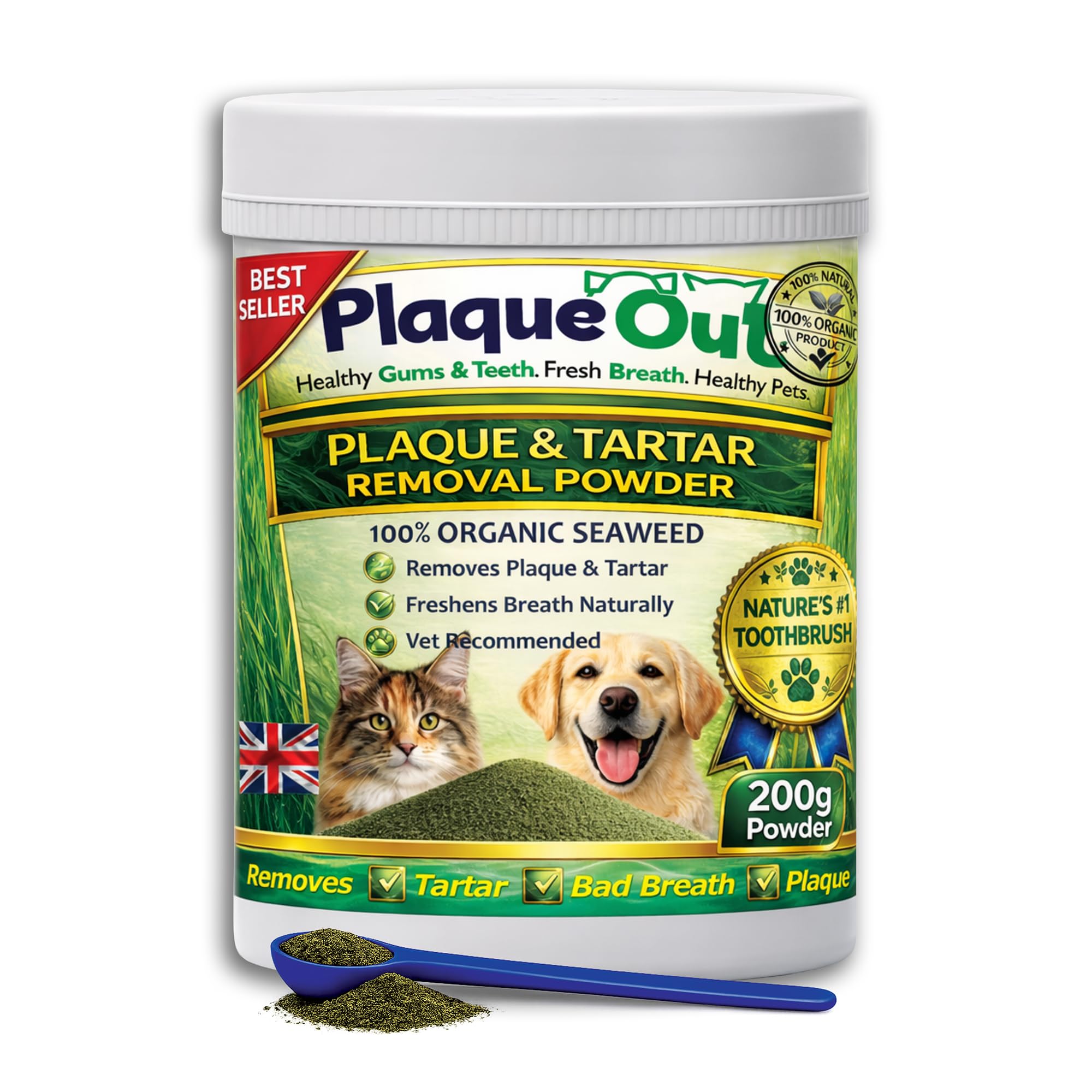 Plaque Out 200g Pot - Plaque Off Remover - 100% Natural and Organic Seaweed Powder for Dogs & Cats - Dog Teeth Cleaning, Plaque Removal, Pet Dental Care, Bad Breath, Gum Care and Tartar Control