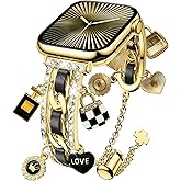 XYF Stylish Compatible with Women Apple Watch Bands 41mm 40mm 38mm 42mm, Bling Pendants Charms Bracelet for iWatch Series 10 9 8 7 6 5 4 3 2 1 SE Ultra(Gold/Black,42/41/40/38)