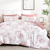 Luxudecor Floral Queen Comforter Set 7 Pieces Bed in a Bag, Pink Rose Romantic Flower Bed Set, Soft Reversible Comforter with Sheet Set 90"x90"