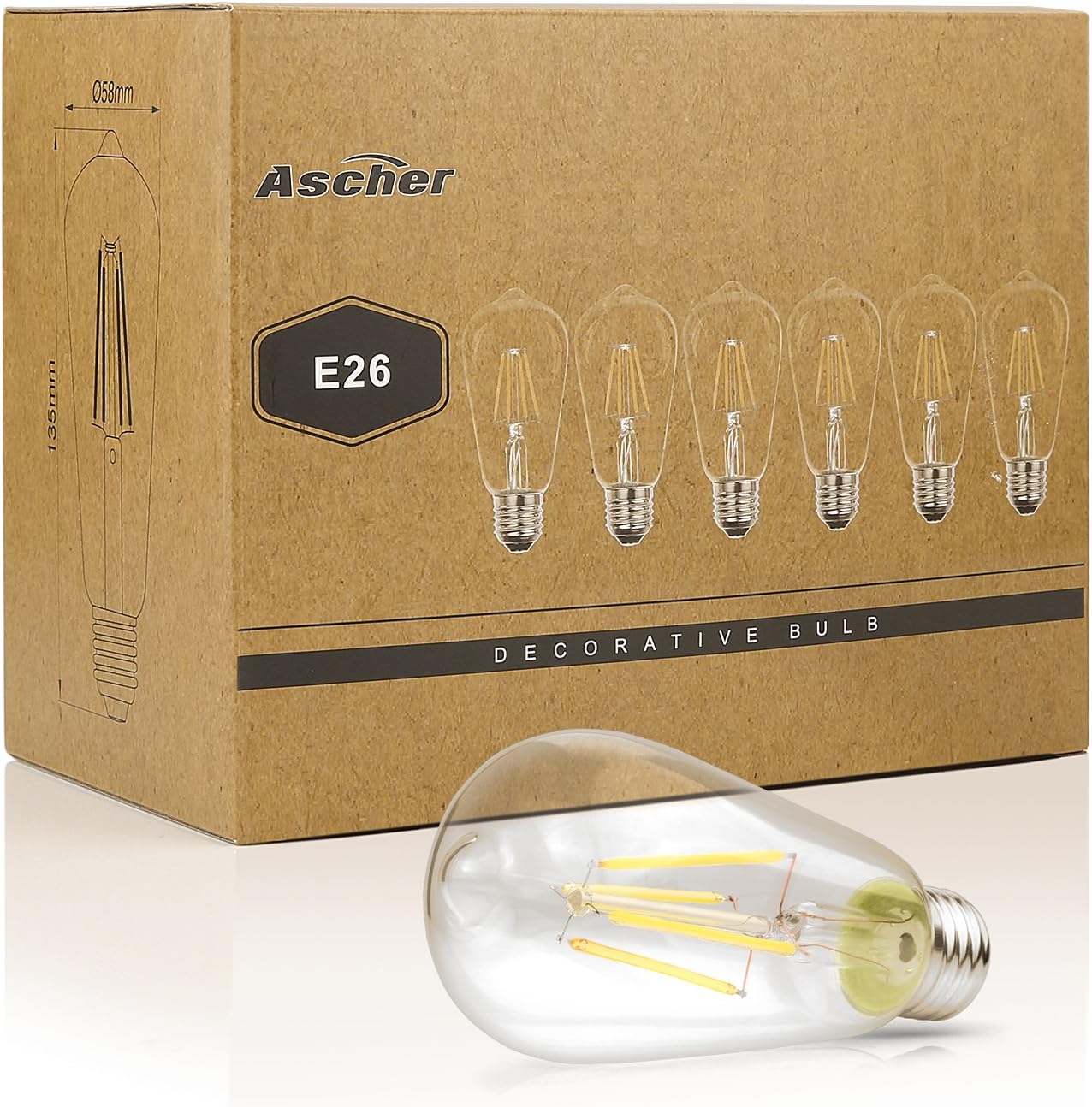 Ascher Vintage LED Edison Bulbs, 6W, Equivalent 60W, High Brightness Daylight White 4000K, ST58 Antique LED Filament Bulbs, E26 Medium Base, Non Dimmable, Clear Glass, Pack of 6 - - 