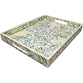 i-lan Creative Rectangular Mother of Pearl Severing Tray Lacquer Wooden Decorative Tray Handmade Shell Serving Tray with Handles and 2 Inch Side, Large Beige Blue Inlay Nacre Ottoman Tray (15.75")