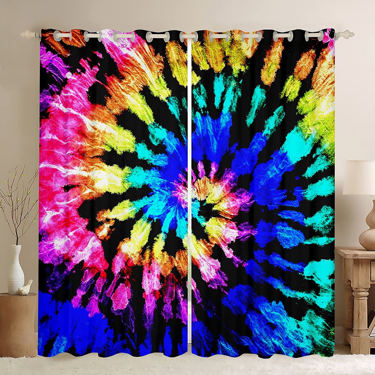 Tbrand Colorful Tie-Dye Room Curtain Boho Psychedelic Swirl Curtain for Bedroom Bohemian Gypsy Curtain for Kids Boys Girls Traditional Tribal Drapes,W66*L90